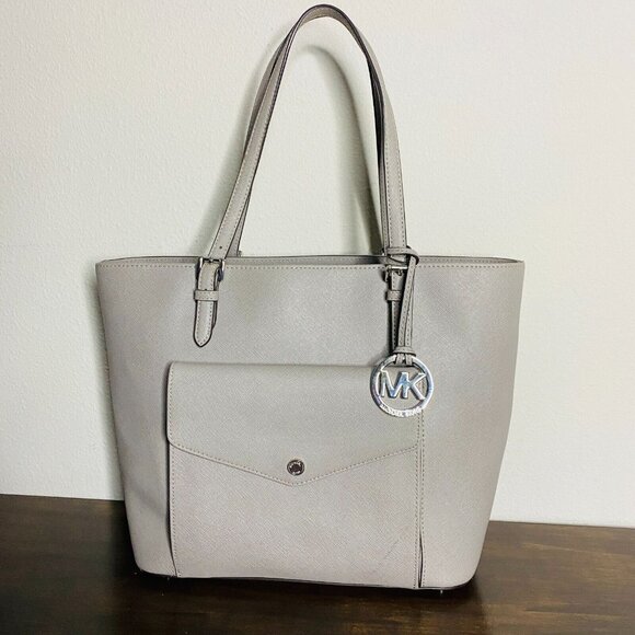 Michael Kors Jet Set Gray Saffiano Leather Tote Double Handle Traveler Bag - Picture 1 of 14